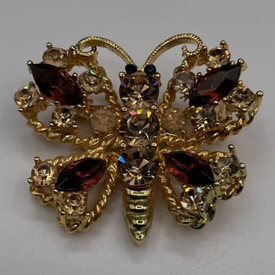 Vintage Gold Tone Brown & AB Rhinestone Butterfly Brooch Pin Jewellery 1 Inch - Thumbnail 3