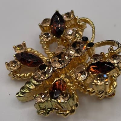 Vintage Gold Tone Brown & AB Rhinestone Butterfly Brooch Pin Jewellery 1 Inch - Thumbnail 5