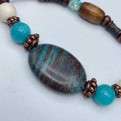 Vintage Boho Bracelet Clay Turquoise Wood Heart Paw Print Copper Tone Bangle - Thumbnail 5