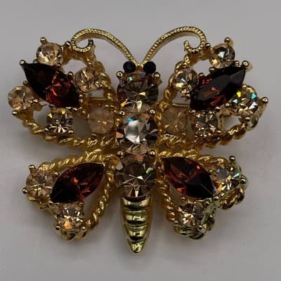 Vintage Gold Tone Brown & AB Rhinestone Butterfly Brooch Pin Jewellery 1 Inch - Thumbnail 2