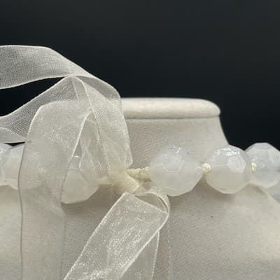 Vintage White Faceted Resin Bead Necklace Ribbon Tie Choker 14" Chunky Style - Thumbnail 7