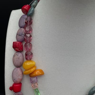 VTG Long Multi Strand Necklace Dyed Jasper Coral Glass Statement Mix Material - Thumbnail 2