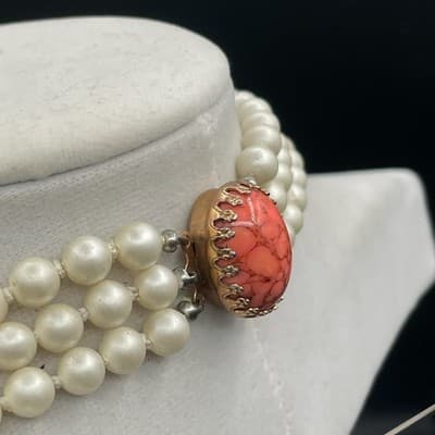 Vintage Faux Plastic Pearl Triple Strand Choker Pink Composite Stone Clasp 16" - Thumbnail 9