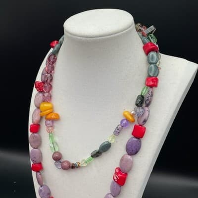 VTG Long Multi Strand Necklace Dyed Jasper Coral Glass Statement Mix Material - Thumbnail 5
