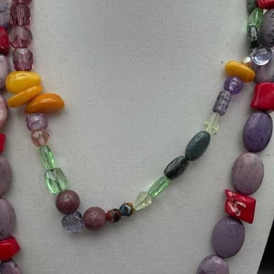 VTG Long Multi Strand Necklace Dyed Jasper Coral Glass Statement Mix Material - Thumbnail 3