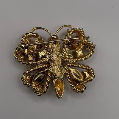 Vintage Gold Tone Brown & AB Rhinestone Butterfly Brooch Pin Jewellery 1 Inch - Thumbnail 6