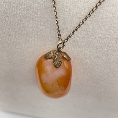 VTG Orange Carnelian Agate Stone Pebble Pendant Necklace Long Chain Gold Tone - Thumbnail 4