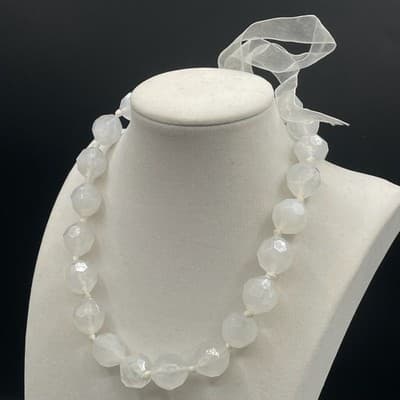 Vintage White Faceted Resin Bead Necklace Ribbon Tie Choker 14" Chunky Style - Thumbnail 5