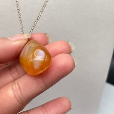 VTG Orange Carnelian Agate Stone Pebble Pendant Necklace Long Chain Gold Tone - Thumbnail 7
