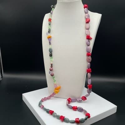 VTG Long Multi Strand Necklace Dyed Jasper Coral Glass Statement Mix Material - Thumbnail 6