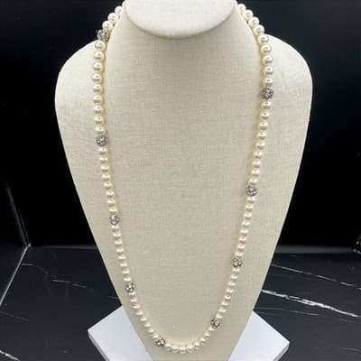 VTG Faux Pearl Strand Necklace Clear Crystal Spacer Beads Silver Tone Clasp 17"