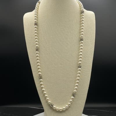 VTG Faux Pearl Strand Necklace Clear Crystal Spacer Beads Silver Tone Clasp 17" - Thumbnail 2
