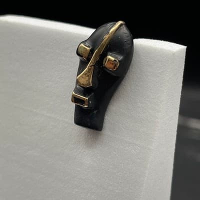 Vintage Tribal African Mask Black Gold Tone Tie Pin Lapel Tack Brooch 1 Inch - Thumbnail 2