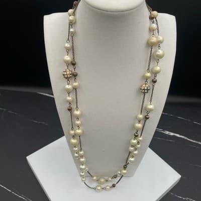 Vintage Long Faux Plastic Pearl Chain Necklace 27" Multi Strand Glass Aluminum - Thumbnail 4