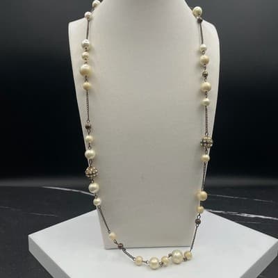 Vintage Long Faux Plastic Pearl Chain Necklace 27" Multi Strand Glass Aluminum - Thumbnail 2