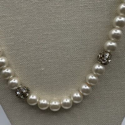 VTG Faux Pearl Strand Necklace Clear Crystal Spacer Beads Silver Tone Clasp 17" - Thumbnail 5