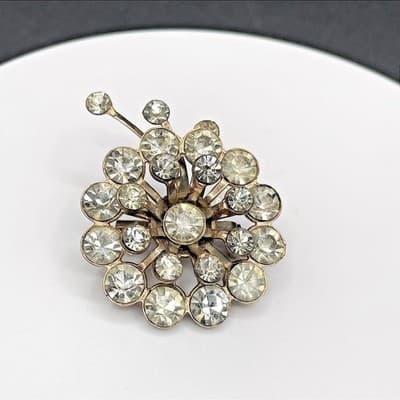 Vintage Starburst Dandelion Gold Tone Clear Rhinestone Costume Brooch Pin
