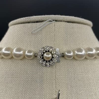 VTG Faux Pearl Strand Necklace Clear Crystal Spacer Beads Silver Tone Clasp 17" - Thumbnail 8