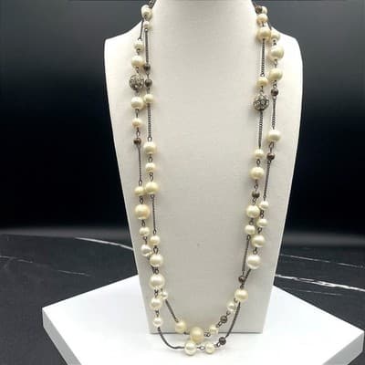 Vintage Long Faux Plastic Pearl Chain Necklace 27" Multi Strand Glass Aluminum