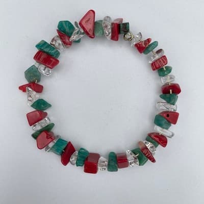 Vintage Natural Red Coral Turquoise Clear Quartz Chip Stretch Bracelet Jewelry - Thumbnail 2