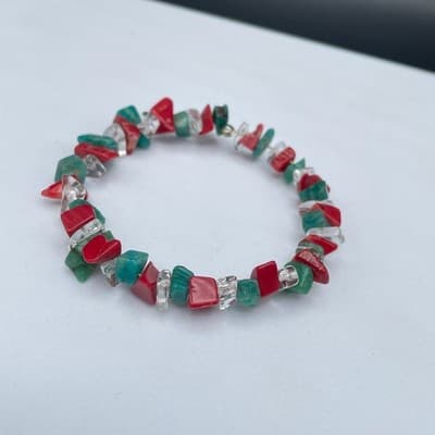 Vintage Natural Red Coral Turquoise Clear Quartz Chip Stretch Bracelet Jewelry - Thumbnail 3