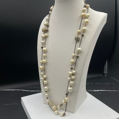 Vintage Long Faux Plastic Pearl Chain Necklace 27" Multi Strand Glass Aluminum - Thumbnail 8