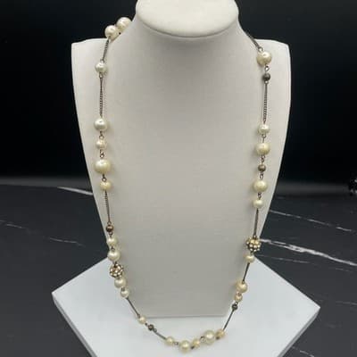 Vintage Long Faux Plastic Pearl Chain Necklace 27" Multi Strand Glass Aluminum - Thumbnail 3
