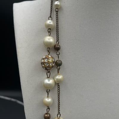 Vintage Long Faux Plastic Pearl Chain Necklace 27" Multi Strand Glass Aluminum - Thumbnail 5