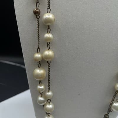 Vintage Long Faux Plastic Pearl Chain Necklace 27" Multi Strand Glass Aluminum - Thumbnail 6