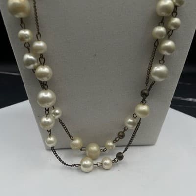 Vintage Long Faux Plastic Pearl Chain Necklace 27" Multi Strand Glass Aluminum - Thumbnail 7