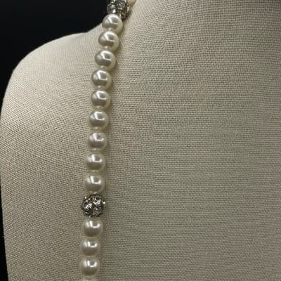 VTG Faux Pearl Strand Necklace Clear Crystal Spacer Beads Silver Tone Clasp 17" - Thumbnail 3