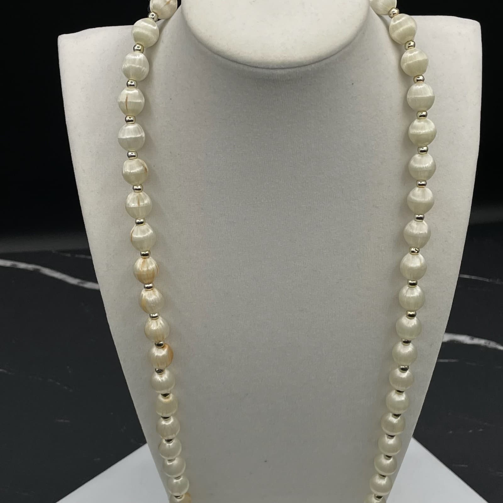 VTG Fiber Bead Strand Necklace Textured Cream Satin Ball Style Opera Length 15" - Thumbnail 7