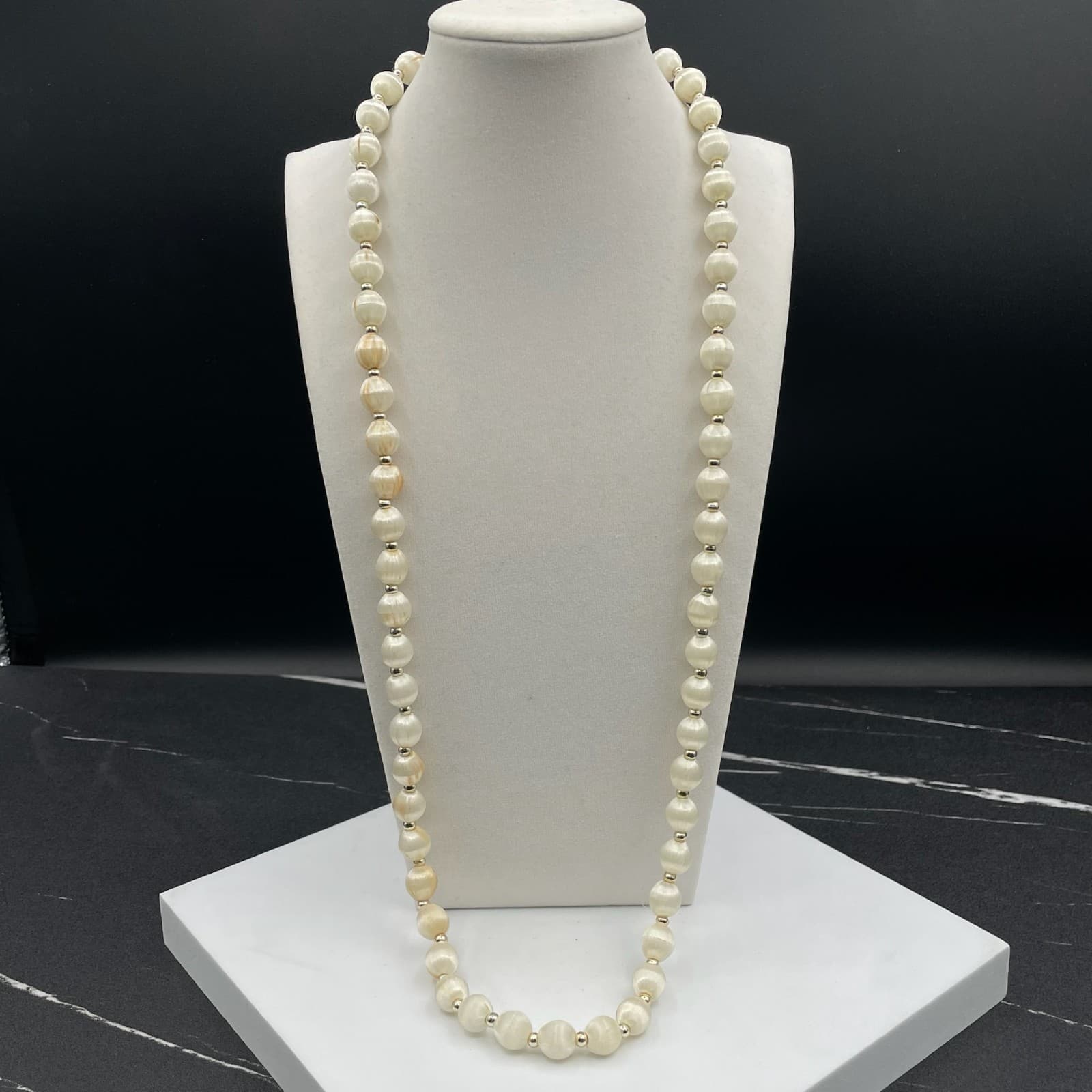 VTG Fiber Bead Strand Necklace Textured Cream Satin Ball Style Opera Length 15" - Thumbnail 3
