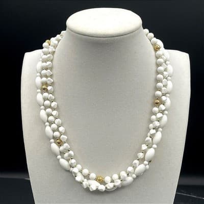 Vintage White Multi Strand Plastic Bead Necklace Gold Tone Accents Choker 16"