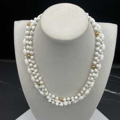 Vintage White Multi Strand Plastic Bead Necklace Gold Tone Accents Choker 16" - Thumbnail 2