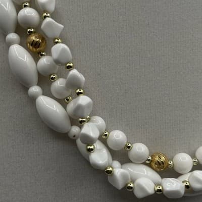 Vintage White Multi Strand Plastic Bead Necklace Gold Tone Accents Choker 16" - Thumbnail 4