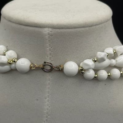 Vintage White Multi Strand Plastic Bead Necklace Gold Tone Accents Choker 16" - Thumbnail 9