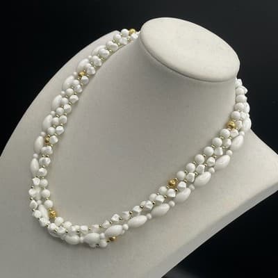 Vintage White Multi Strand Plastic Bead Necklace Gold Tone Accents Choker 16" - Thumbnail 7