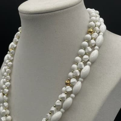 Vintage White Multi Strand Plastic Bead Necklace Gold Tone Accents Choker 16" - Thumbnail 8