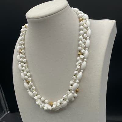 Vintage White Multi Strand Plastic Bead Necklace Gold Tone Accents Choker 16" - Thumbnail 6