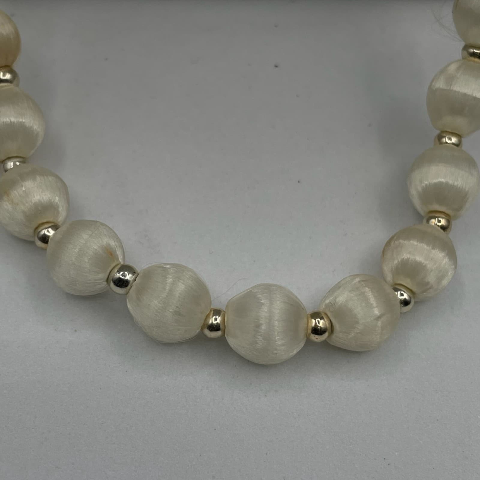 VTG Fiber Bead Strand Necklace Textured Cream Satin Ball Style Opera Length 15" - Thumbnail 5