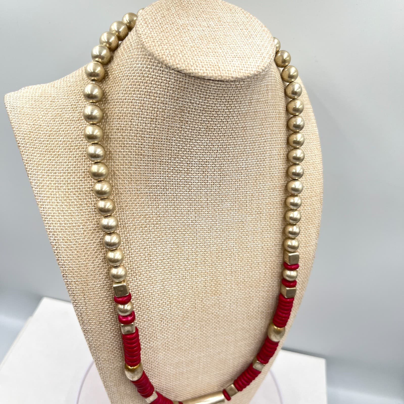 Vintage Southwestern Gold Tone Bead & Red Disc Heishi Statement Necklace Classic - Thumbnail 10