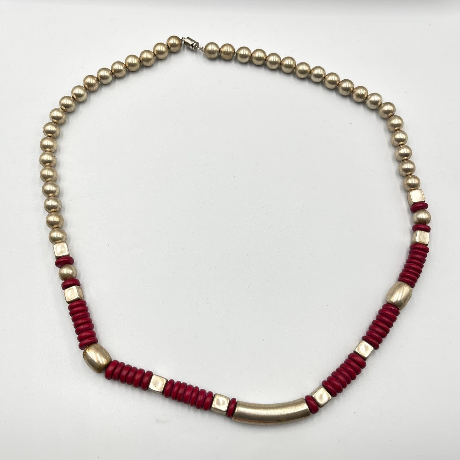 Vintage Southwestern Gold Tone Bead & Red Disc Heishi Statement Necklace Classic - Thumbnail 2