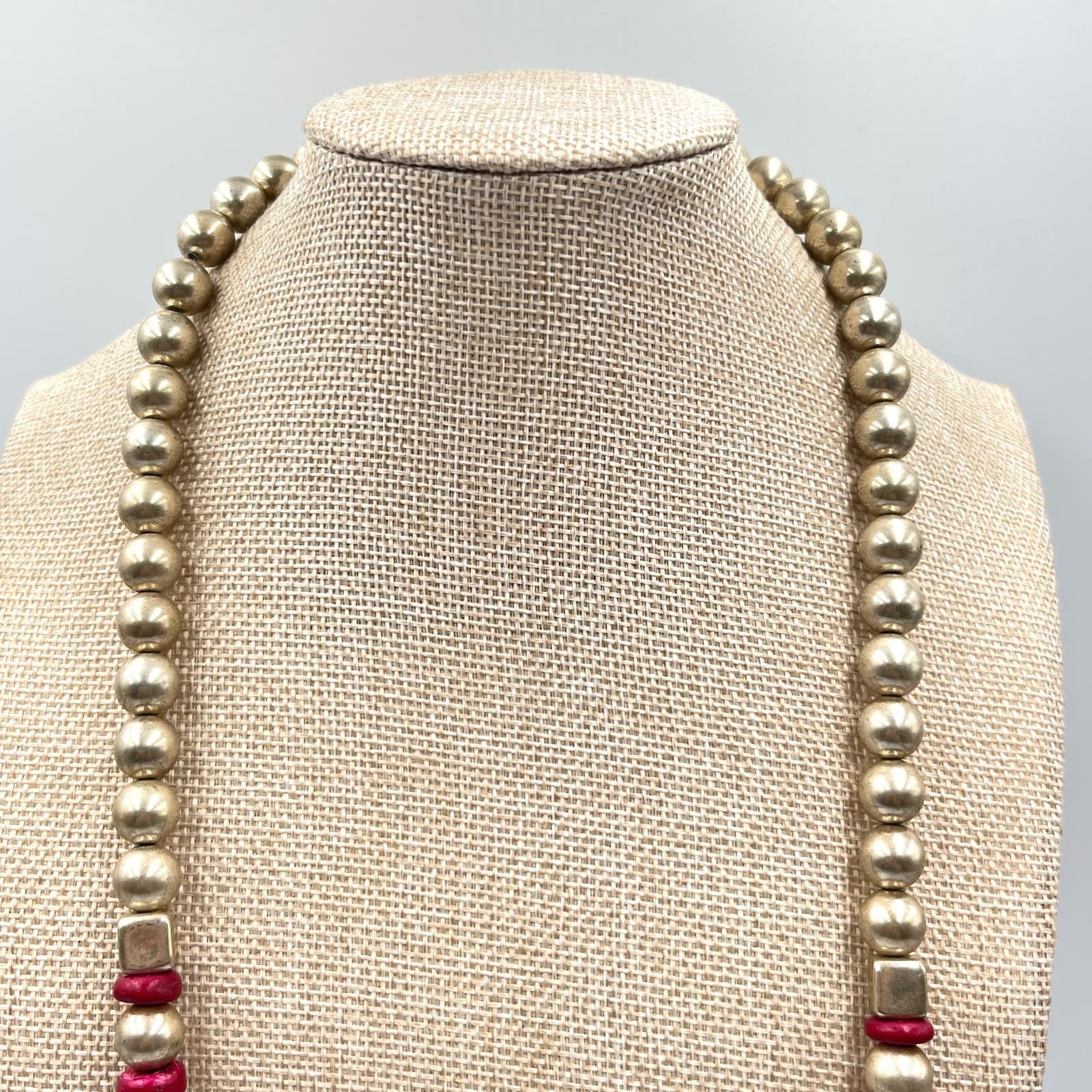 Vintage Southwestern Gold Tone Bead & Red Disc Heishi Statement Necklace Classic - Thumbnail 8