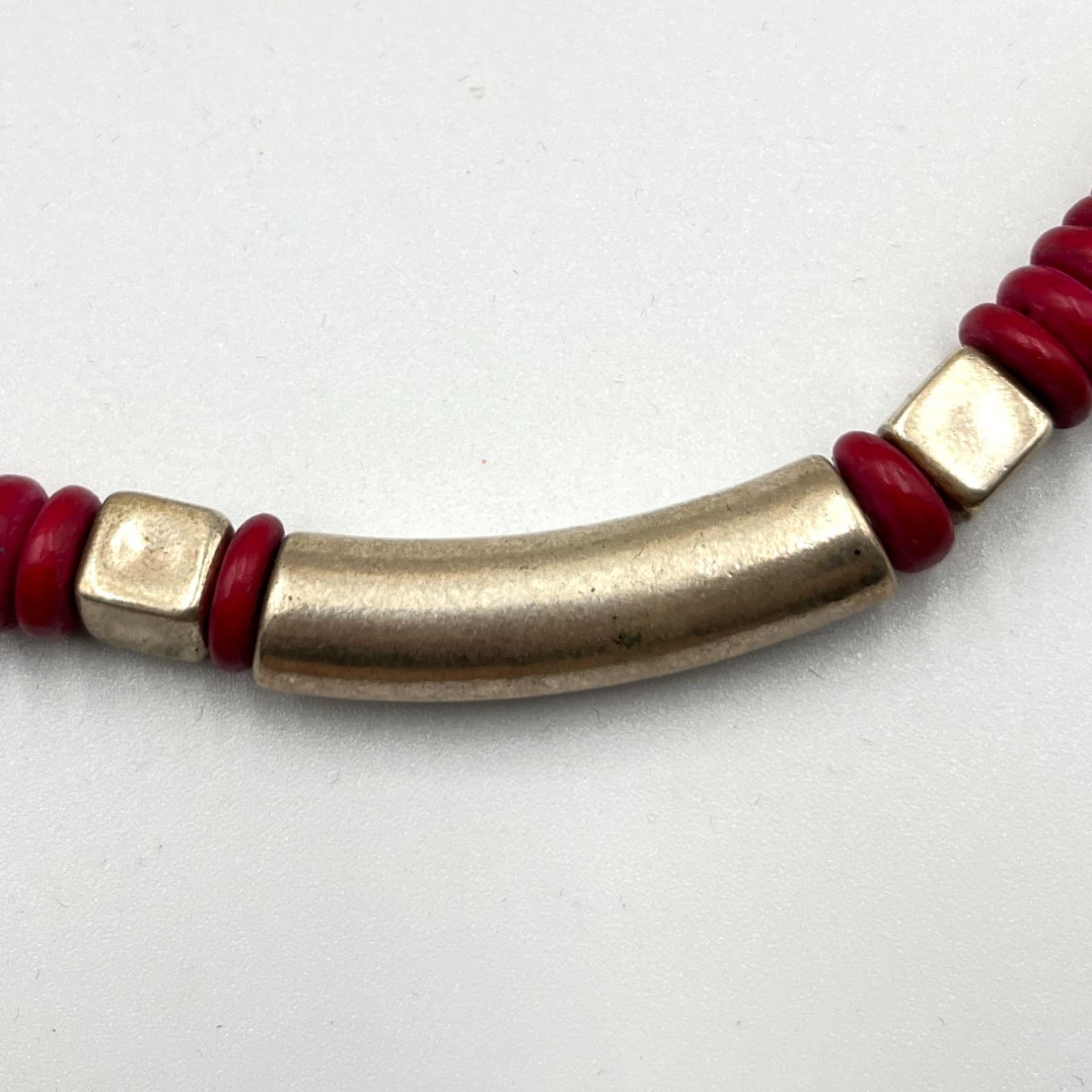 Vintage Southwestern Gold Tone Bead & Red Disc Heishi Statement Necklace Classic - Thumbnail 6