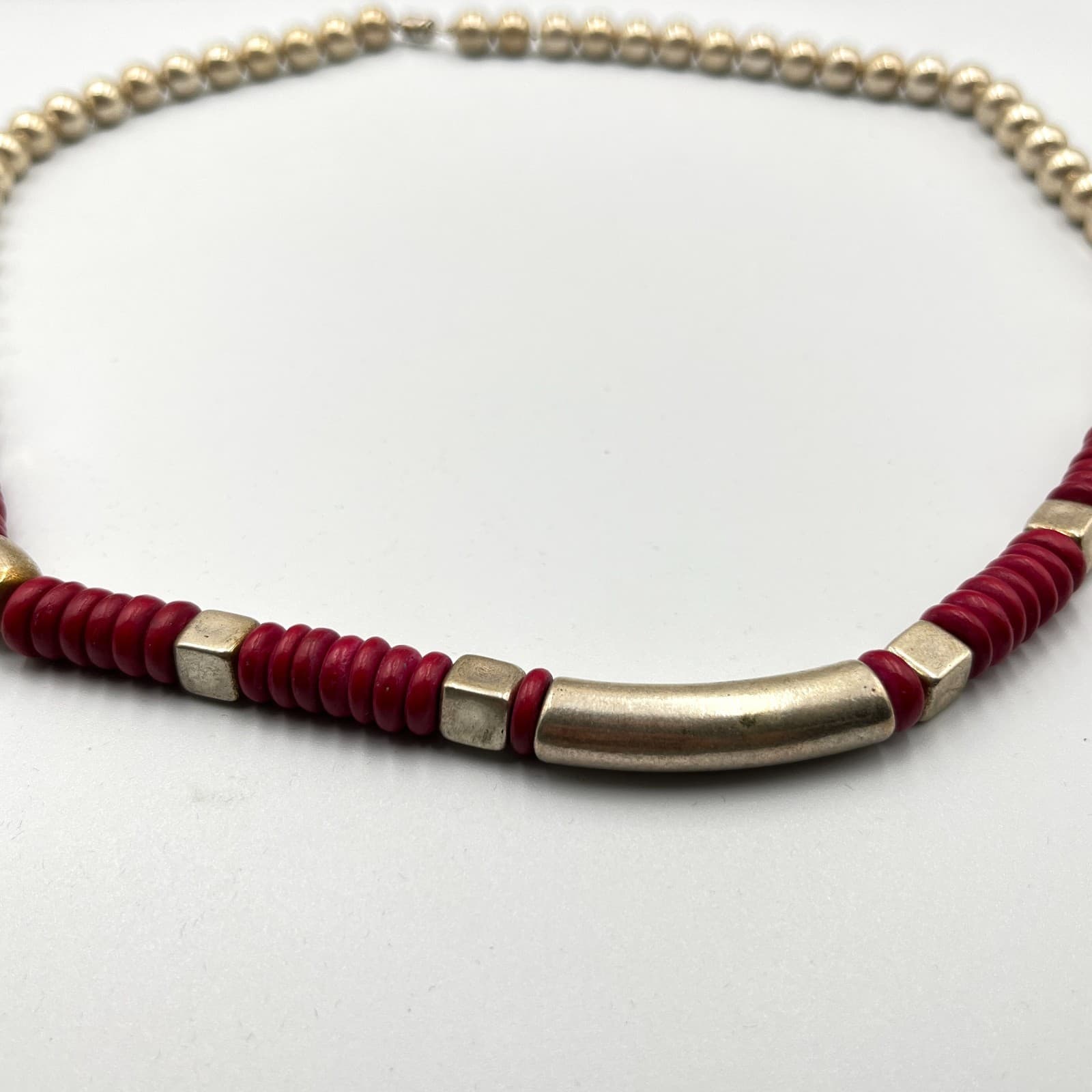 Vintage Southwestern Gold Tone Bead & Red Disc Heishi Statement Necklace Classic - Thumbnail 7