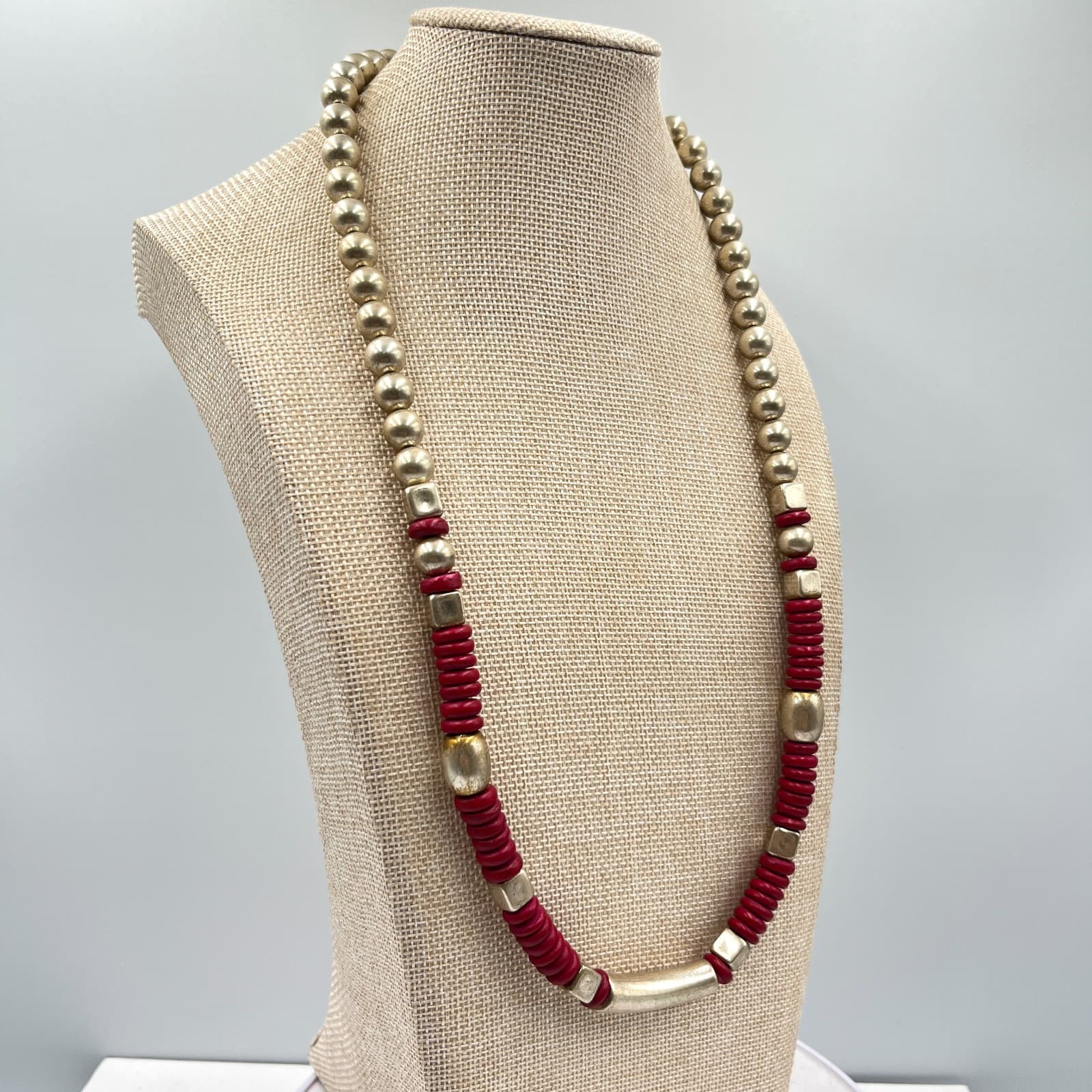Vintage Southwestern Gold Tone Bead & Red Disc Heishi Statement Necklace Classic - Thumbnail 9
