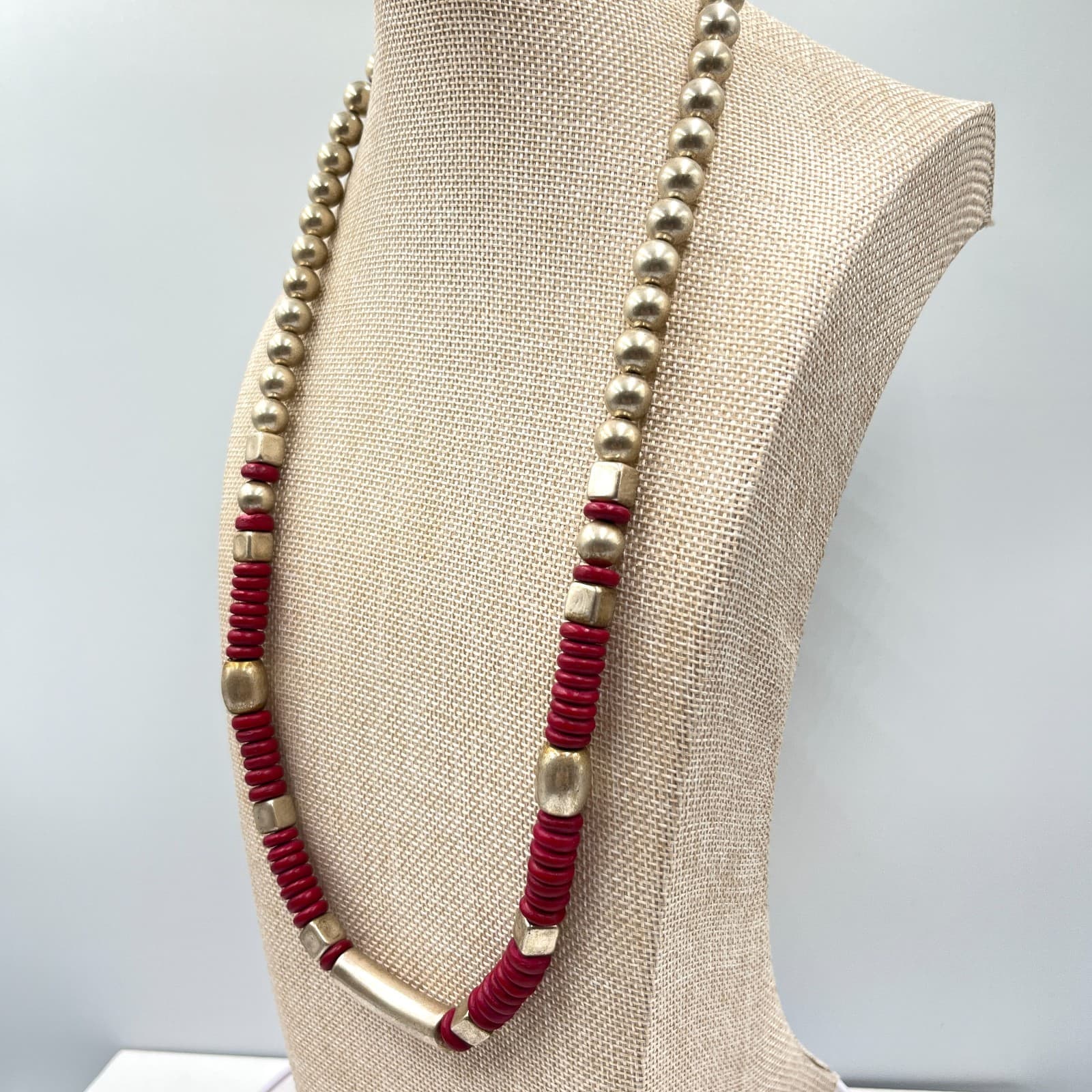 Vintage Southwestern Gold Tone Bead & Red Disc Heishi Statement Necklace Classic - Thumbnail 11