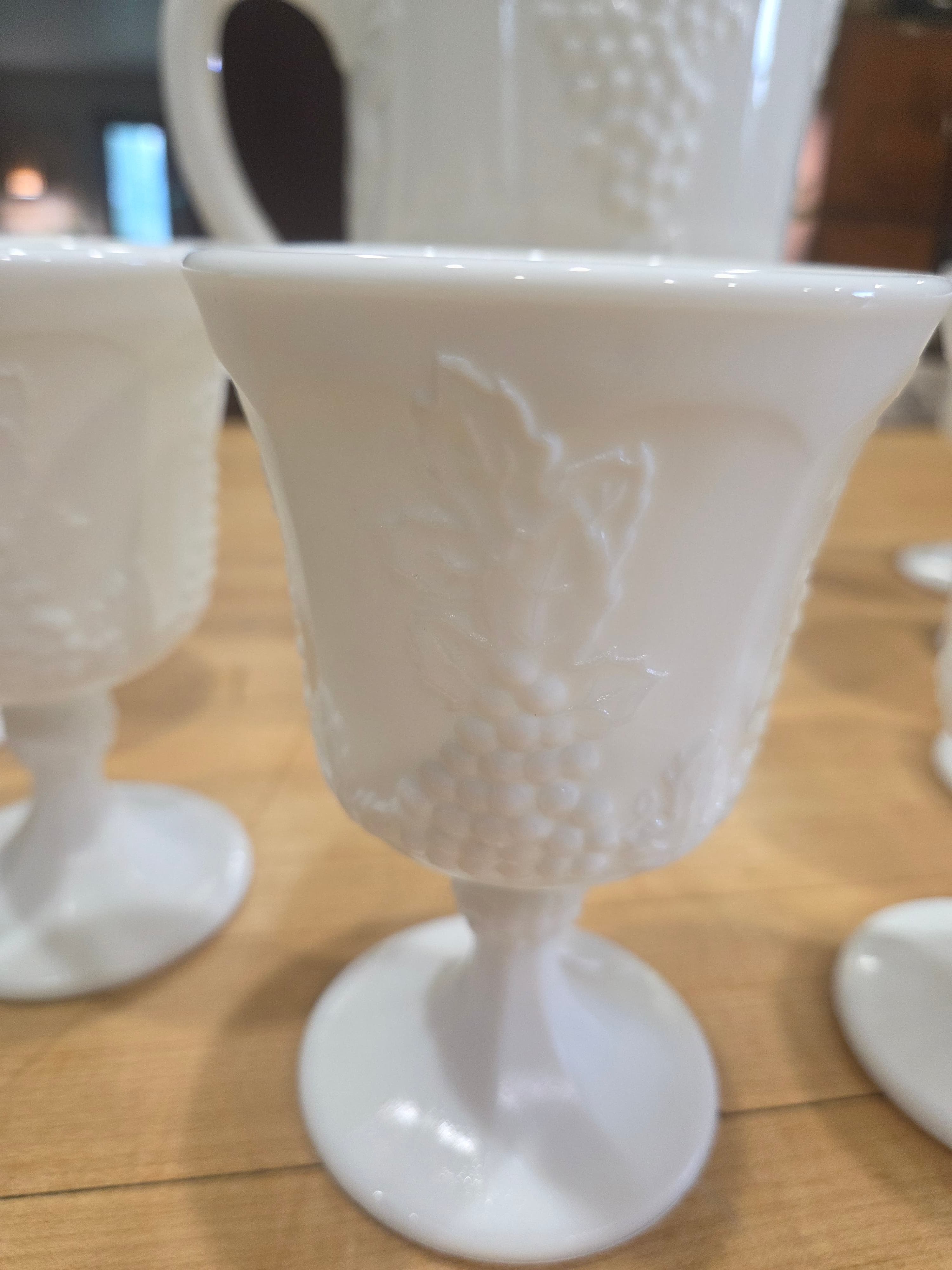 Vintage Indiana Glass Colony Harvest Grape Milk Glass Pitcher and 8 Goblets Set - Thumbnail 5