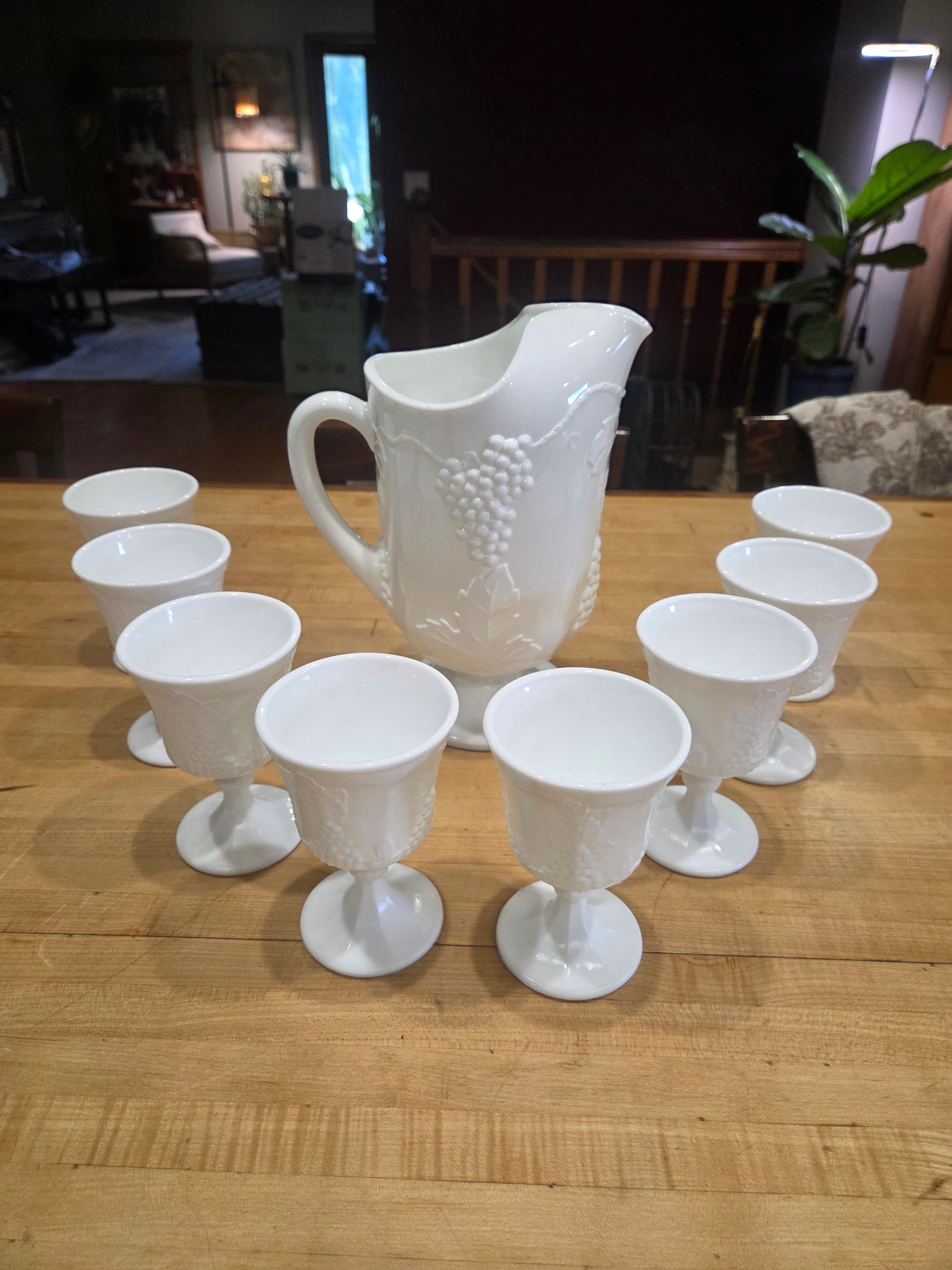 Vintage Indiana Glass Colony Harvest Grape Milk Glass Pitcher and 8 Goblets Set - Thumbnail 2